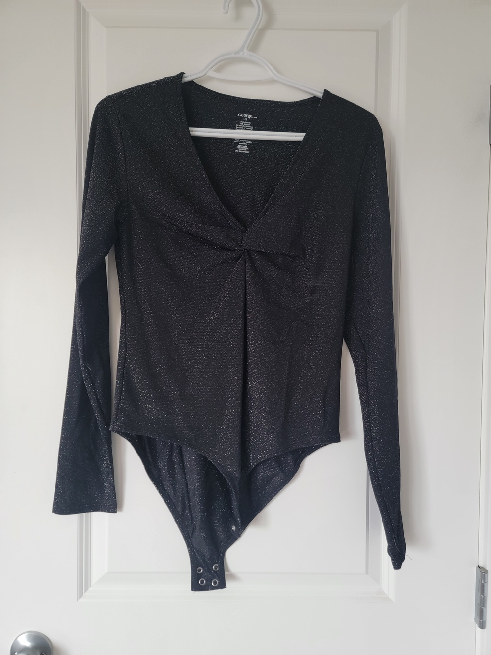 George Black Mesh W/ Silver Sparkle Long-Sleeve V-Neck Bodysuit with Twist Front